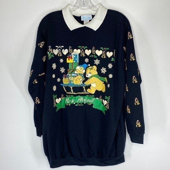 Vintage Maternity Christmas Teddy New Arrival Black Collared Sweatshirt Large - Picture 1 of 5